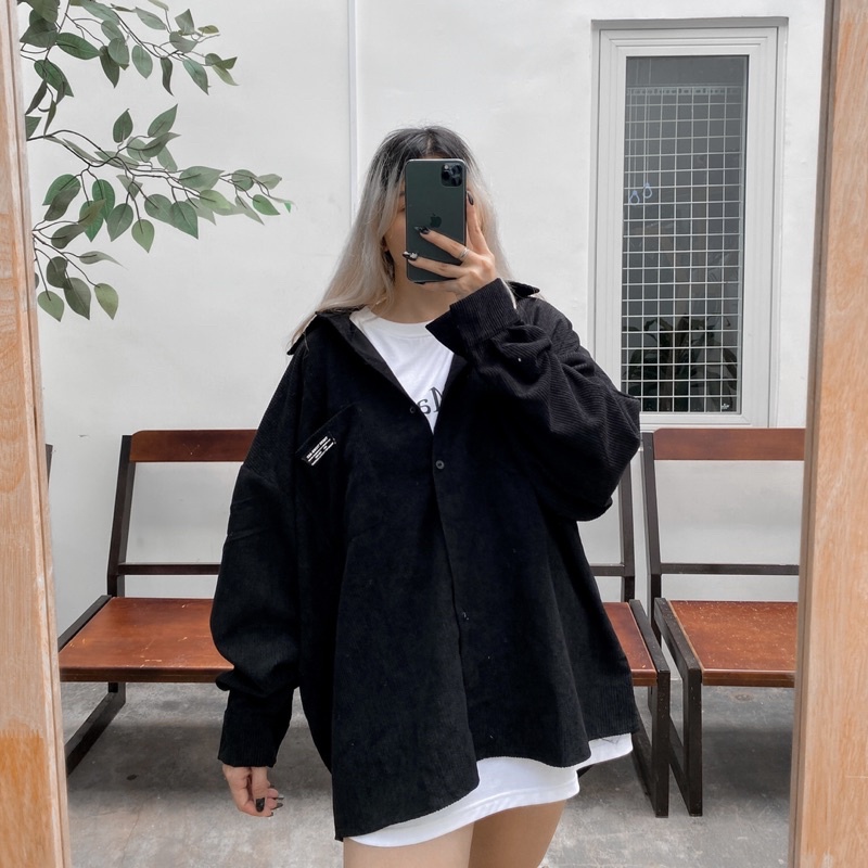Áo sơ mi nam 🖤 FREESHIP 🖤 Áo sơmi nhung gân 2 túi màu ĐEN/XÁM form nam nữ unisex