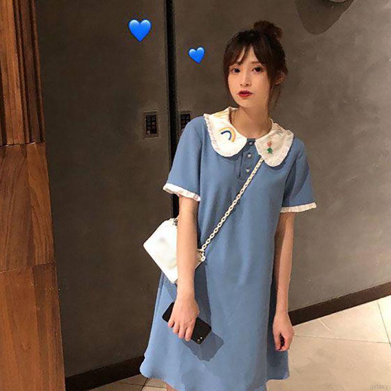 Đầm Ngắn Tay Cổ Búp Bê Thêu Họa Tiết Xinh Xắn Theo Phong Cách Hàn Quốc