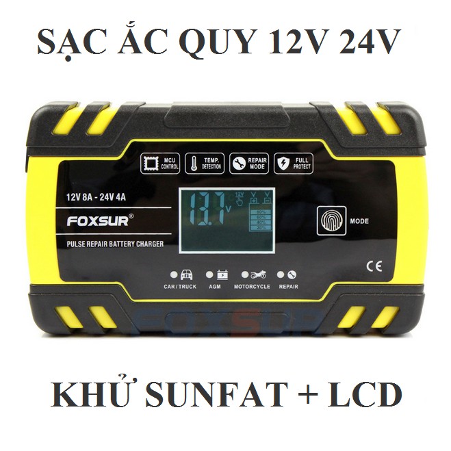 Máy sạc bình ắc quy FOXSUR 12V 100Ah, 12-24V 150Ah thông minh tự ngắt khi đầy có chức năng khử sunfat, sạc bình ắc quy