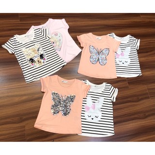 Áo HM cotton ngắn tay bé gái 2-10T, kim sa lật đổi hình trang trí khi lật ngược kim sa