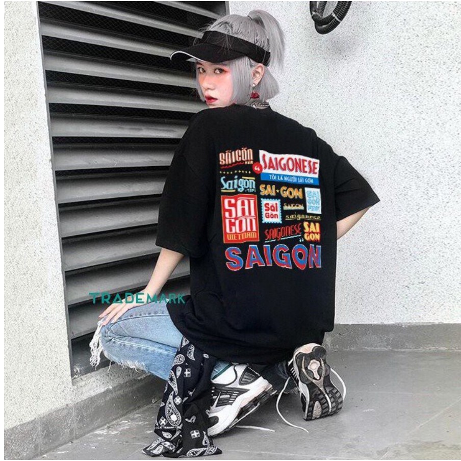 Áo thun Unisex tay lỡ FREESIZE &lt;75KG ÁO THUN IN HÌNH SÀI GÒN màu đen form rộng tay lỡ oversized By bear.story