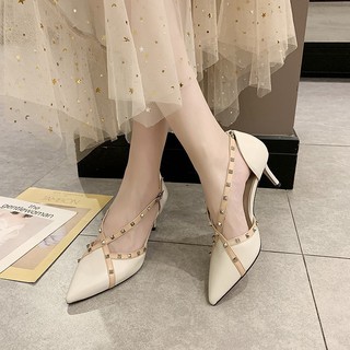 🌺Giày Cao Gót Baotou  b23 Mũi Nhọn / Dây Đinh Tán/ Gót Kín/ Đế Cao 7cm Hàn Quốc