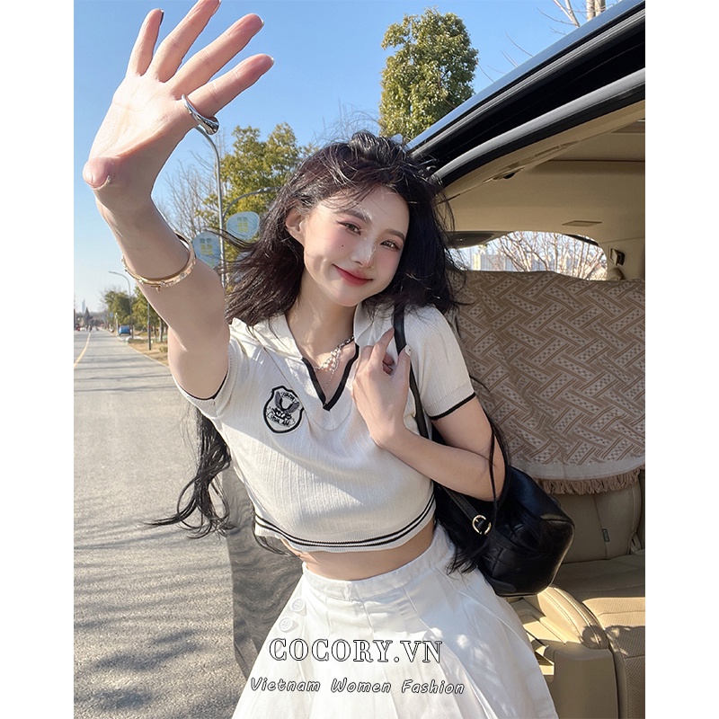 Cocory vn Áo Croptop Dệt Kim Tay Ngắn Cổ Chữ V Dáng Ôm Thời Trang Mùa Hè Cho Nữ