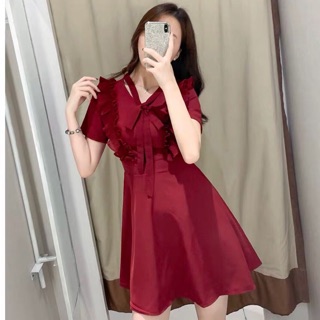 Đầm váy đỏ cổ V phối dập li