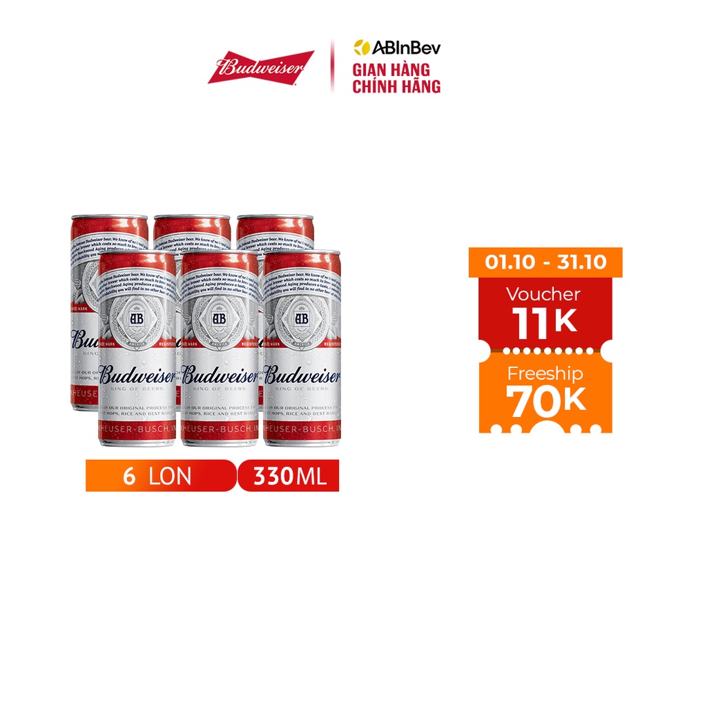 Lốc 6 Lon Bia Budweiser Chính Hãng (330ml/ lon) - Quà