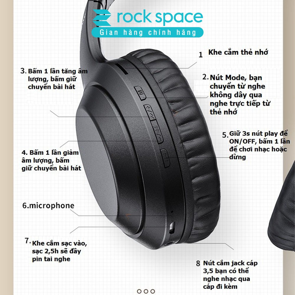 Tai Nghe bluetooth Headphone không dây chụp tai Rockspace O2 chơi game, nghe nhạc, chính hãng bảo hành 12 tháng