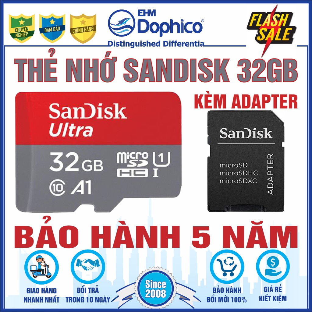 Thẻ nhớ SanDisk 32GB – SanDisk Ultra MicroSD – CHÍNH HÃNG – Bảo hành 5 năm – Kèm Adapter