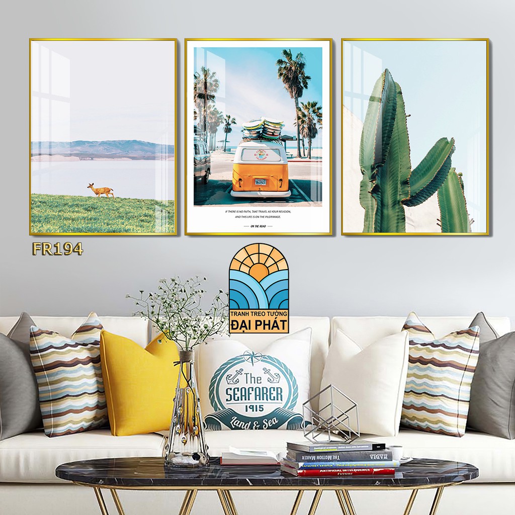 Bộ 3 tranh treo tường tone vàng kim tiền phong thủy treo tết