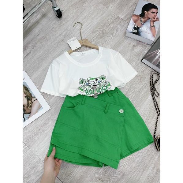 [ 𝐅𝐑𝐄𝐄 𝐒𝐇𝐈𝐏 ] SET ÁO THUN HỔ MIX CHÂN VÁY LỆCH TÀ XANH