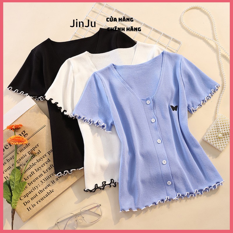 Áo croptop kiểu, áo sơ mi kiểu  tay ngắn dáng ôm co giãn free size cho nữ, chất len tăm cao cấp- JinJu | BigBuy360 - bigbuy360.vn