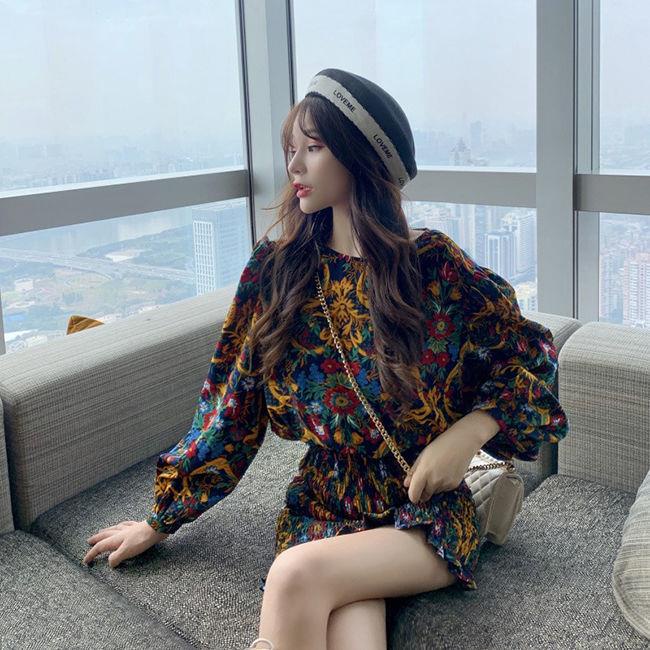 ❀☎Đầm Ngắn Nhấn Eo In Họa Tiết Hoa Phong Cách retro Pháp Thời Trang Xuân Thu Mới Cho Nữ 2022