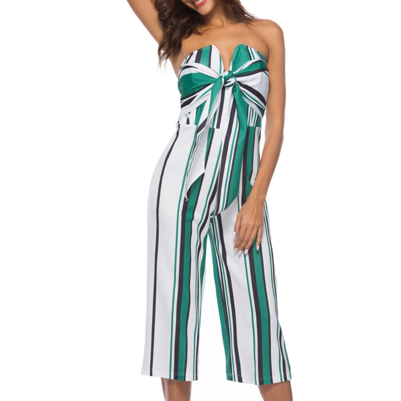 Bộ Áo Liền Quần Trễ Vai Ống Rộng Họa Tiết Kẻ Sọc Phong Cách Quyến Rũ