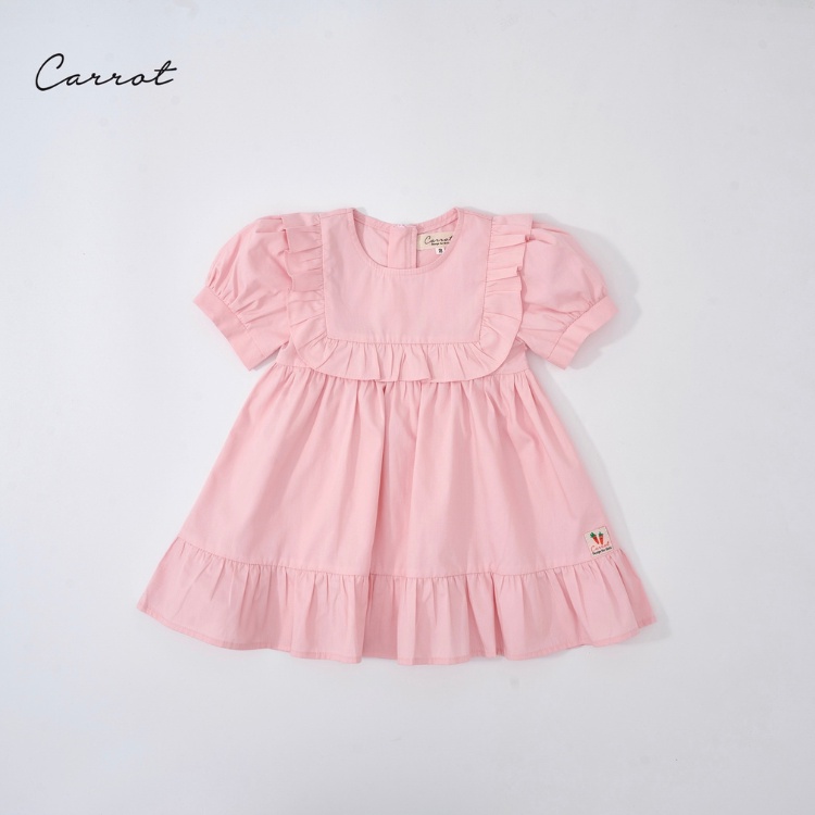 Váy Bé Gái Carrot Dáng Xòe Đuôi Cá, Bèo Viền Ngực, Màu Hồng Nhạt, Chất Thô Cotton Thoáng Mát Thấm Hút Mồ Hôi
