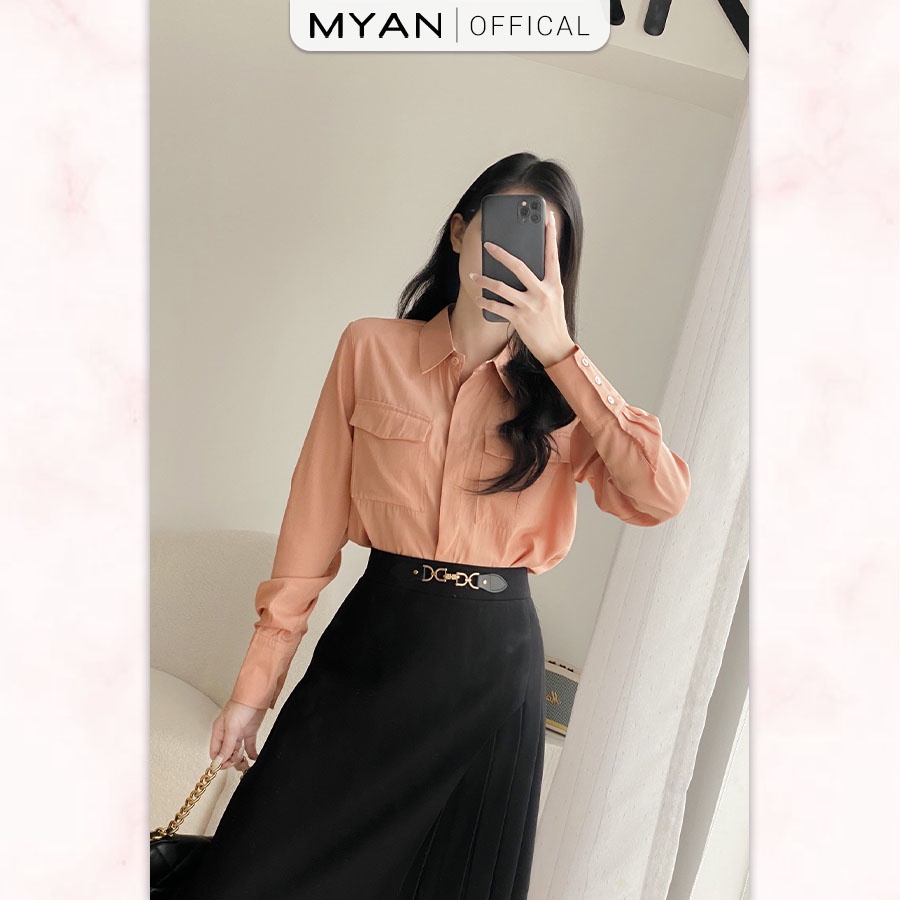 Chân Váy Midi Xếp Ly MYAN Thiết Kế Zuyp Vạt Chéo Phối Móc Xích Kim Loại Màu Trơn Đen, Nâu VVN092205