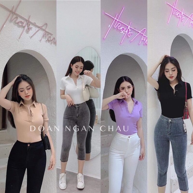 Áo thun nữ dáng ôm cô bẻ chất đẹp - Áo pull cổ bẻ nhiều màu sắc