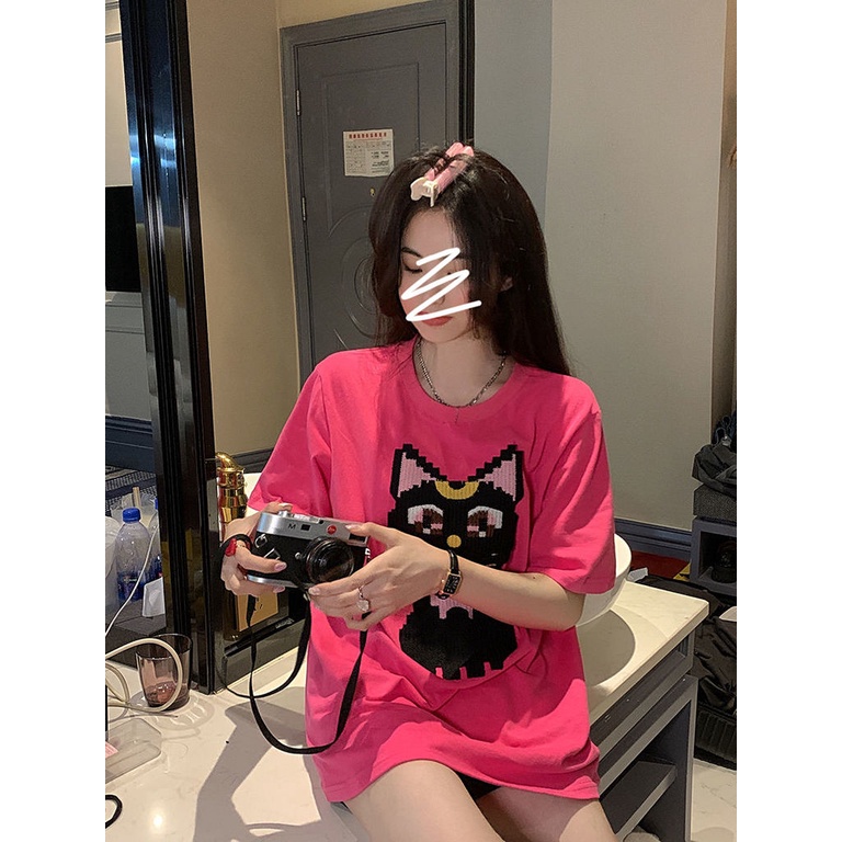 Áo thun Pure Cube tay ngắn cổ tròn thêu họa tiết hoạt hình mèo hồng phong cách Hàn Quốc thời trang cho nữ