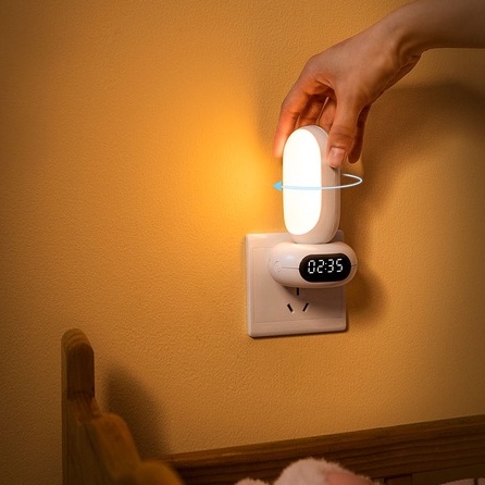 Đèn ngủ điều khiển từ xa bảo vệ mắt hình bầu dục ánh sáng 3 màu, điều chỉnh độ sáng 10 cấp độ tích hợp đồng hồ xem giờ