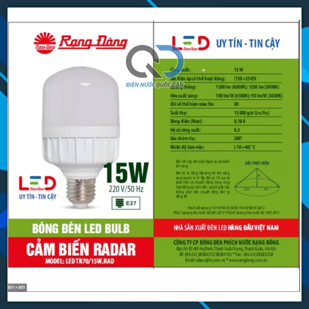 Đèn cảm ứng Rạng Đông, tự động bật tắt khi phát hiện chuyển động