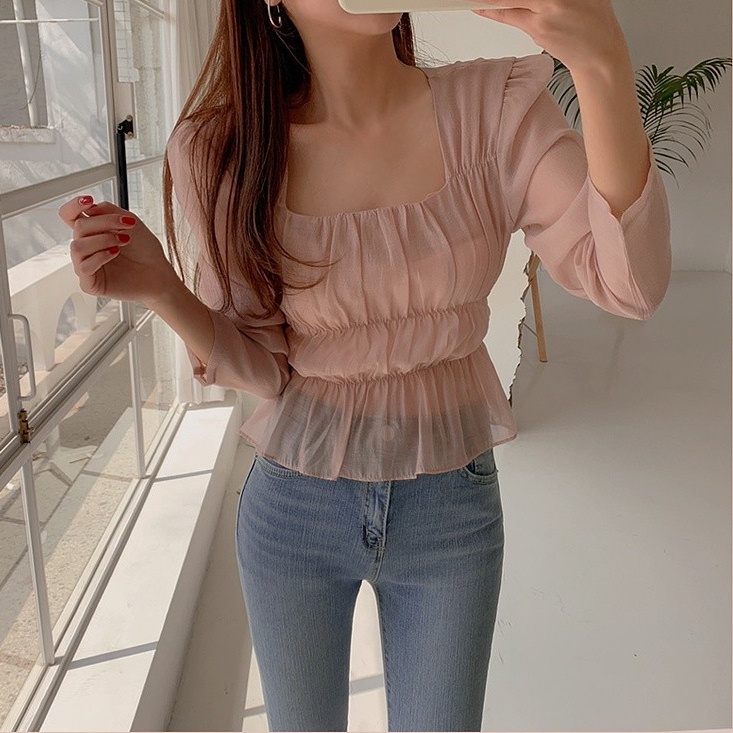 Áo Kiểu Tay Dài Cổ Vuông Chiết Eo Trong Suốt Thời Trang Mùa Thu Xinh Xắn Cho Nữ