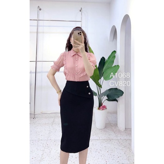 Áo tơ cộc bèo ngực - Be/Hồng A1068