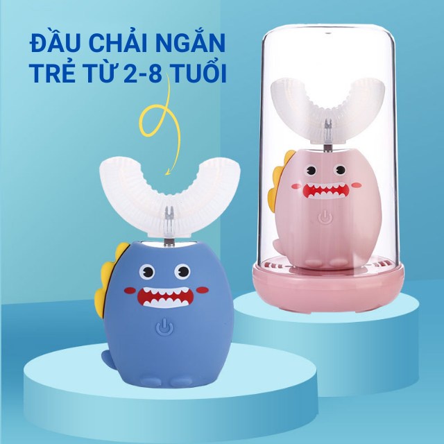 Bàn chải đánh răng điện cho bé chữ u tặng thêm 1 đầu chải, sạc không dây, đèn uv diệt khuẩn trẻ em từ 2 đến 12 dc-29