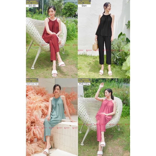 Đồ Bộ Nữ 𝐂𝐀𝐑𝐃𝐈𝐍𝐀 Chất Đũi BamBoo Xước Cao Cấp Set Rời Quần Baggy Basic Áo Cổ Yếm Quyến Rũ 2AF03-2Q03