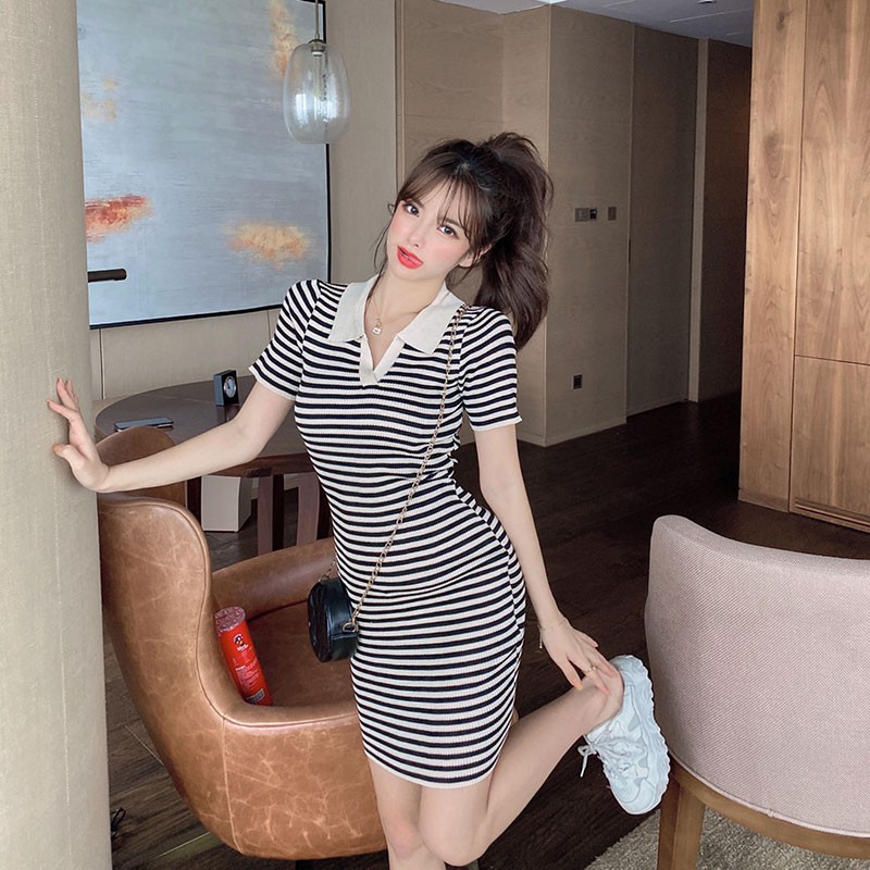 [Váy polo kẻ dệt kim] Đầm len dệt kim polo ôm body gợi cảm hàng quảng châu | BigBuy360 - bigbuy360.vn