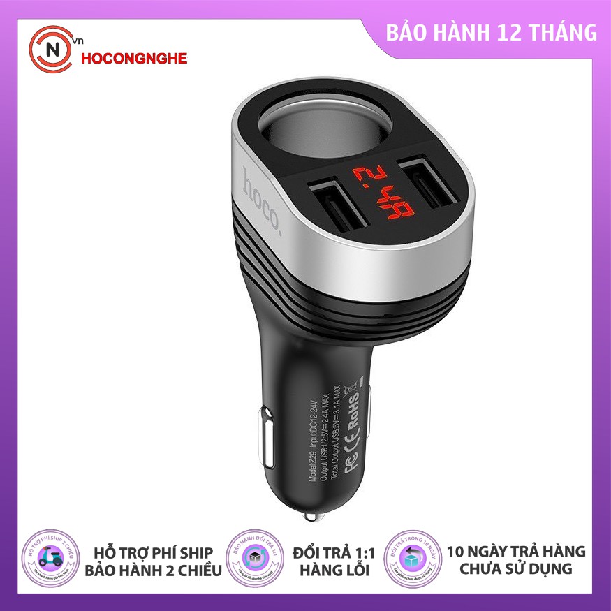 [ GIÁ HỦY DIỆT ] TẨU SẠC ÔTÔ HOCO Z29 / 2 CỔNG 2.4A CÓ ĐÈN LED HIỂN THỊ HÀNG CHÍNH HÃNG