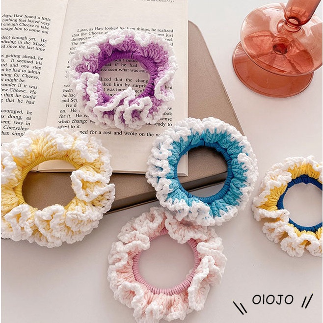 Korean Retro Color Matching Wool  Wavy Hair Ring Aautumn Winter  Net Red Hand-woven Girls Ball  Head Jewelry Hair Rope Head Rope OLO