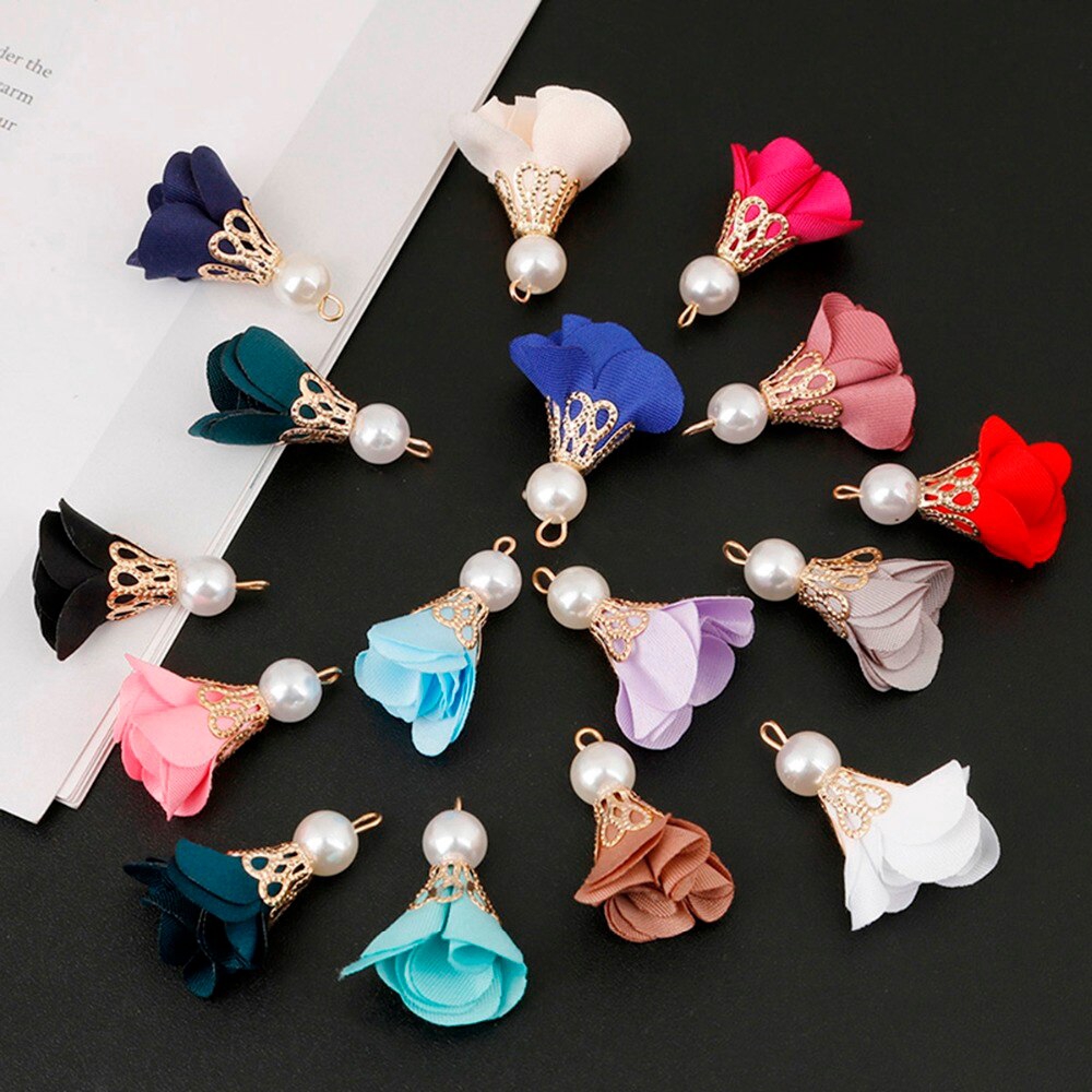 Set 10 mặt charm ngọc trai cánh hoa lụa satin 30mm làm trang sức DIY / trang trí điện thoại