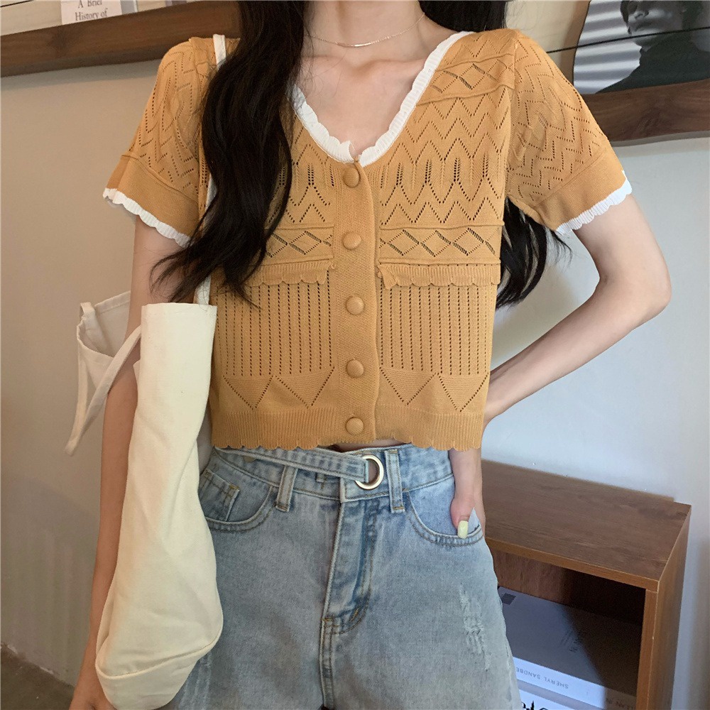 Áo lửng dệt kim ZHELIHANGFEI tay ngắn cổ chữ V thời trang dễ thương dành cho nữ