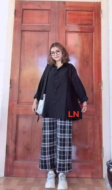 Sét áo sơ mi tay dài + quần kẻ vuông
