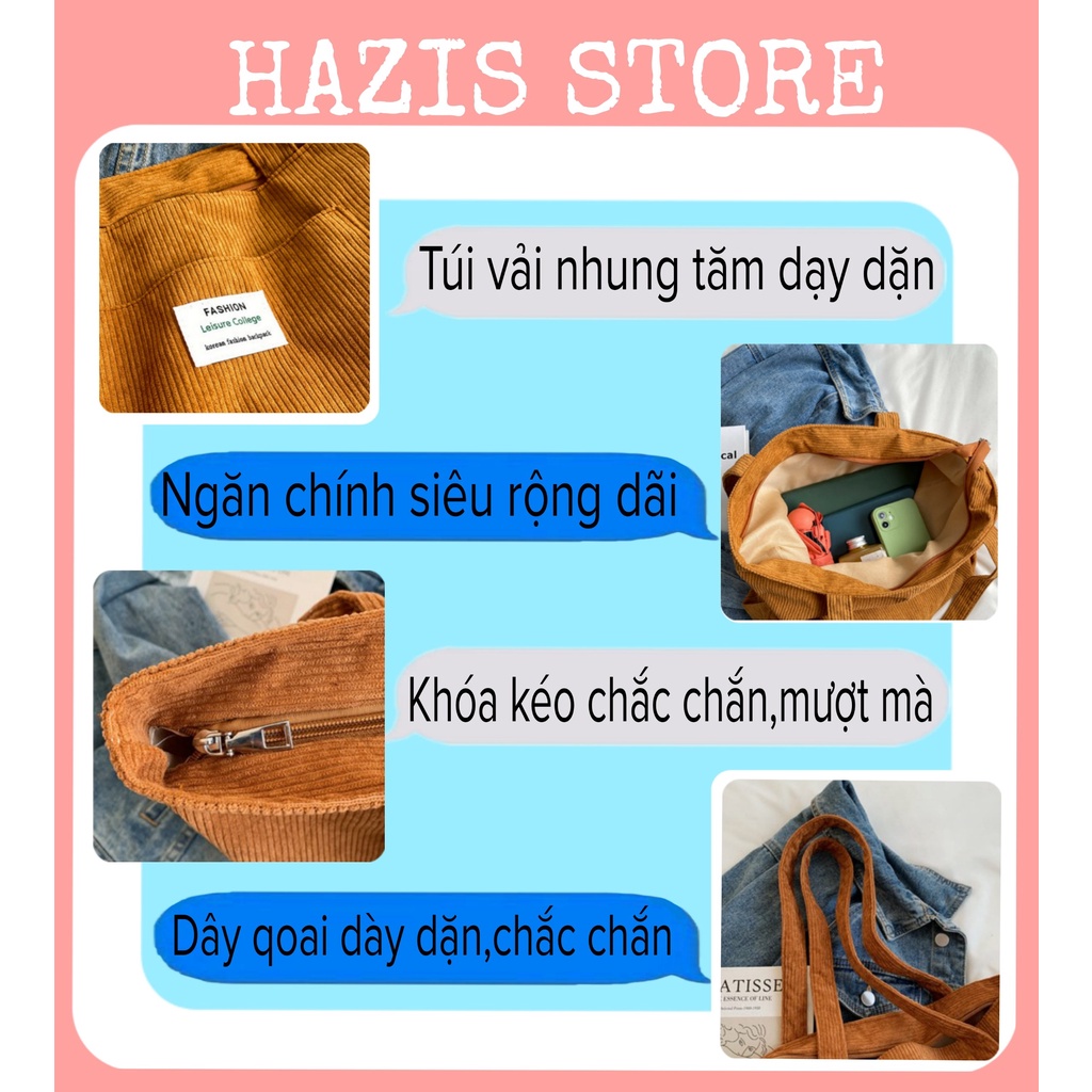 Túi tote đeo vai nhung tăm có khóa miệng, túi nhiều màu sắc, phong cách Hàn Quốc - Hazis Store
