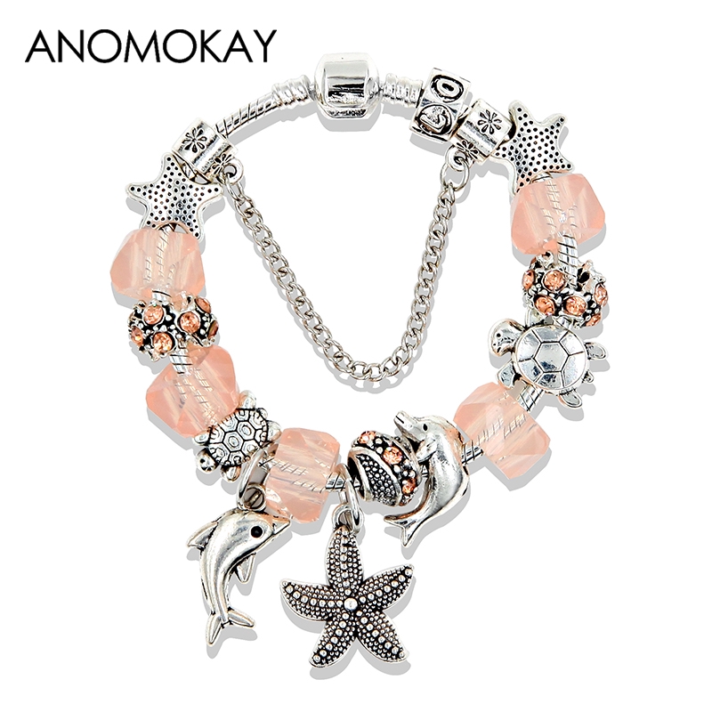 Dropshipping 5 Colors Ocean Starfish Dolphin Bead Bracelet DIY Crystal Charm Bracelets & Bangles Fashion Jewelry Gift