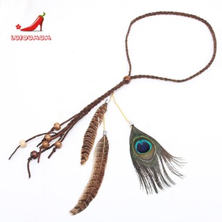 Vòng đội đầu hạt chuỗi kèm lông công kiểu bohemian