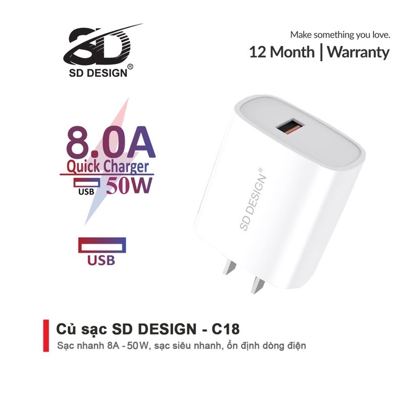 Củ sạc nhanh 50w, sạc sd design C18 tương thích tất cả các thiết bị điện thoại