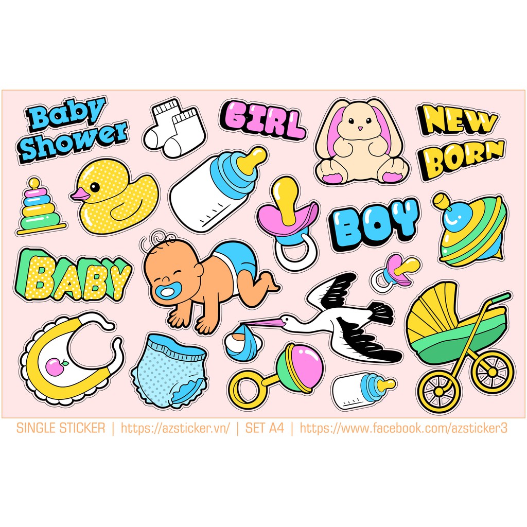 Sticker Dán Laptop , Sticker Dán Điện Thoại , Hình Dán Tem Xe , Sticker Dán Nón Bảo Hiểm | Set A4 Baby Cute