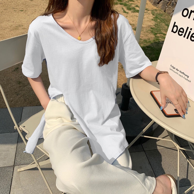 Áo Thun Tay Ngắn Cổ Chữ U Dáng Rộng Xẻ Tà Thời Trang Mùa Hè Hàn Quốc Mới Dành Cho Bạn Nữ