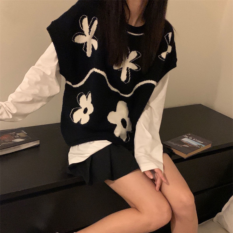 Áo Len Không Tay Dáng Rộng Họa Tiết Hoa Trắng Đen Thời Trang Cho Nữ