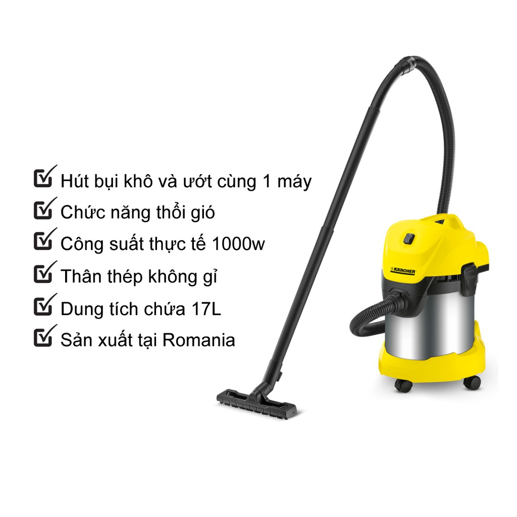 (Sản xuất Romania) Máy hút bụi khô và ướt Karcher WD 3 Premium công suất 1000w - thùng thép chống gỉ