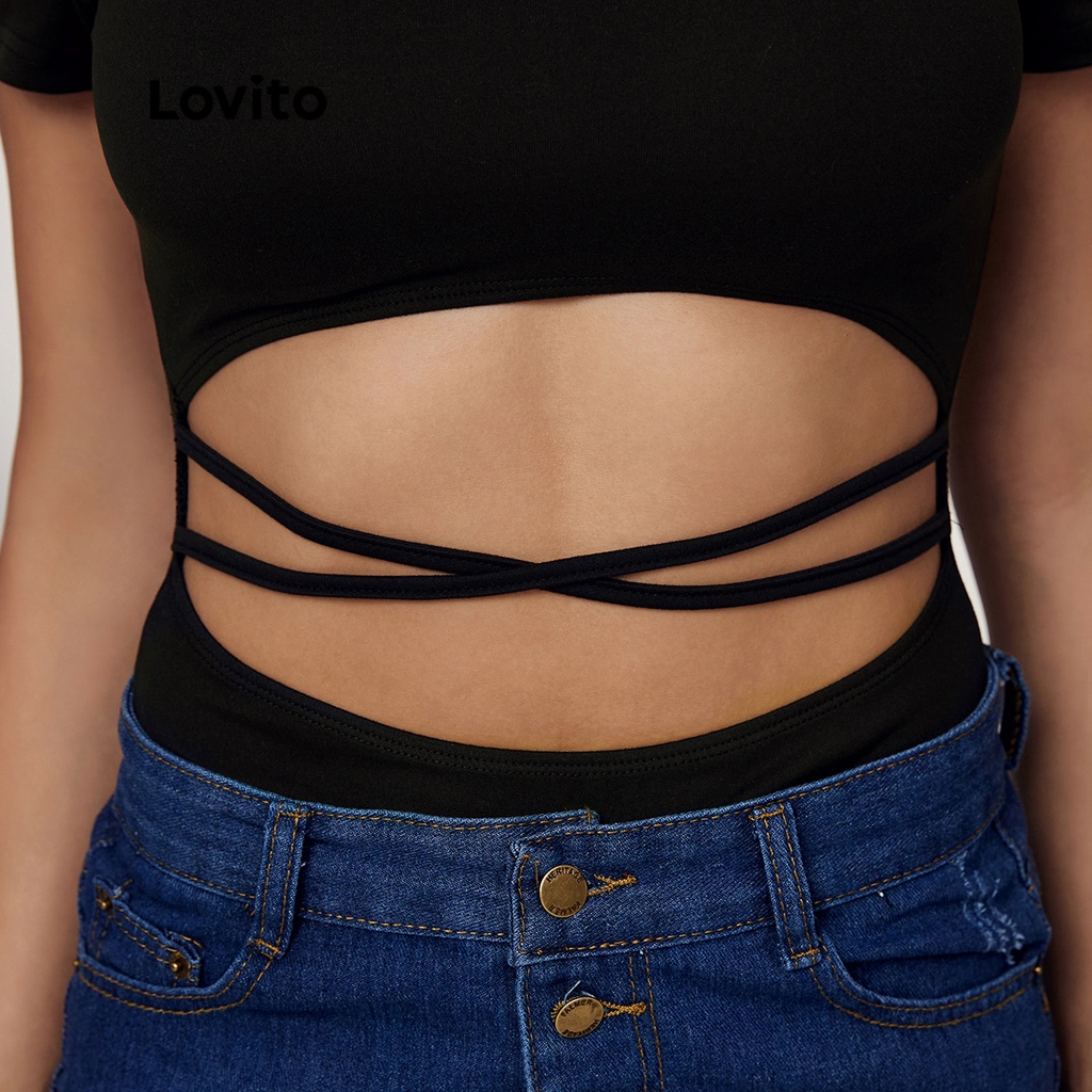 Bộ áo liền quần Lovito cắt xẻ phối dây chéo phong cách thường ngày L17D030 (Đen) | WebRaoVat - webraovat.net.vn