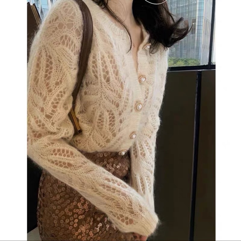 Áo khoác len màu trắng mẫu mới 2023, cardigan dệt kim mẫu mỏng có lỗ rộng rãi mẫu mùa xuân mohair kiểu Pháp