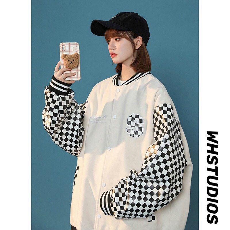 Áo Khoác Bomber Unisex Logo In Chữ S Phối Tay Caro Vải Dù 2 Lớp Phong Cách Ulzzang Học Sinh Cá Tính Hot Trend Mới