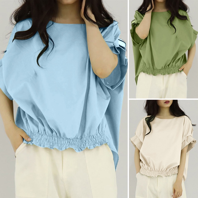 Áo thun ZANZEA tay ngắn cổ tròn màu trơn đơn giản thời trang Hàn Quốc cho nữ