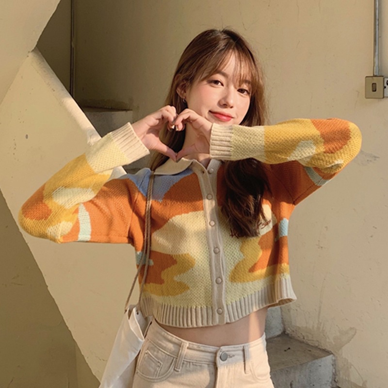 IELGY  Polo Cổ Áo Len Dệt Kim Cắt Xén