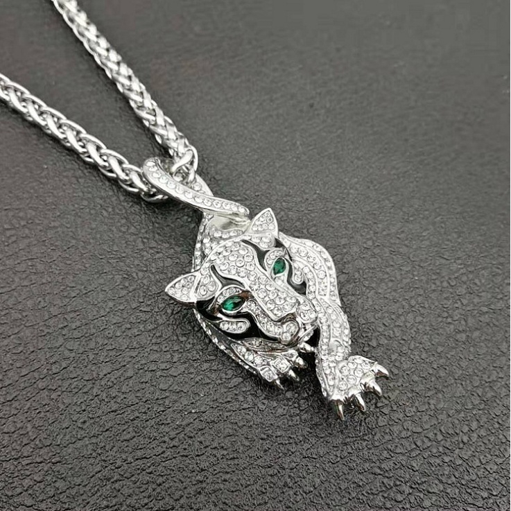 Gold Diamond Tiger Animal Pendant Necklace Men's Jewelry