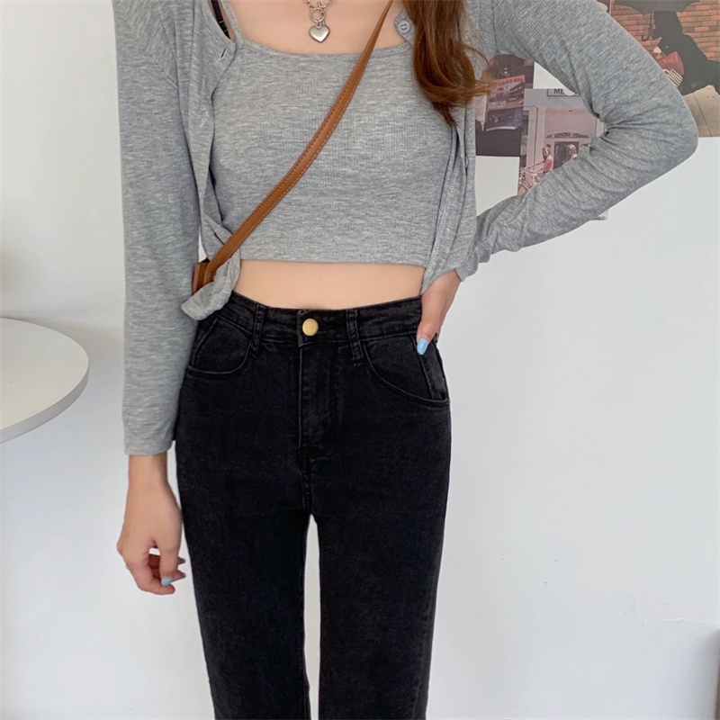 Xiaozhainv Quần jeans dài lưng cao ống đứng thời trang cho nữ