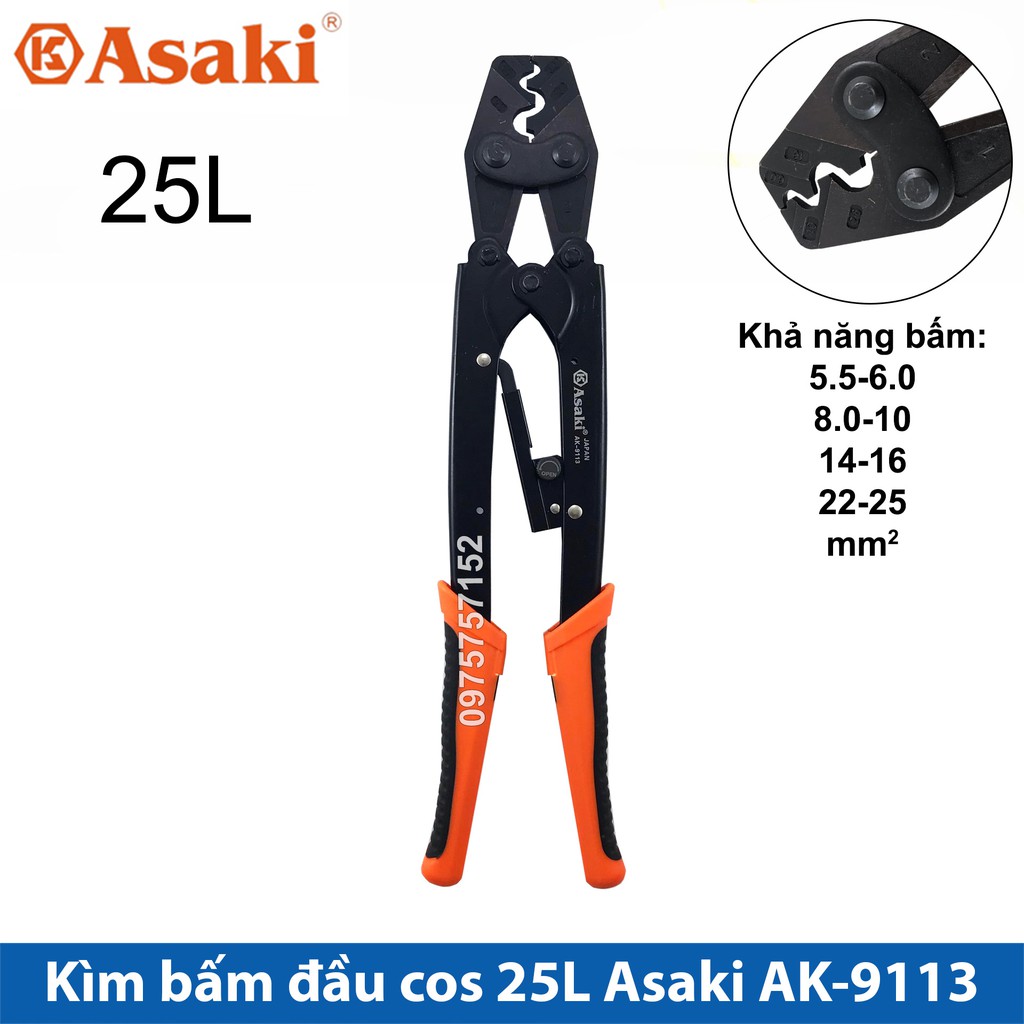 Kìm bấm cos 25L 5.5 -&gt; 25mm2 Asaki AK-9113 (Kềm bấm cốt 25L)