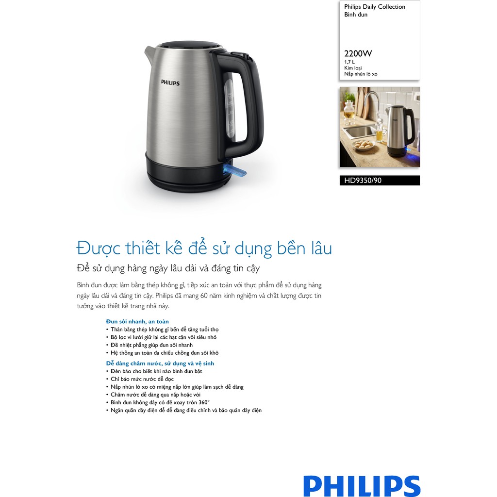 {Giá tốt nhất } Bình đun nước siêu tốc Philips 1.7 lít HD9350 bảo hành 24 tháng