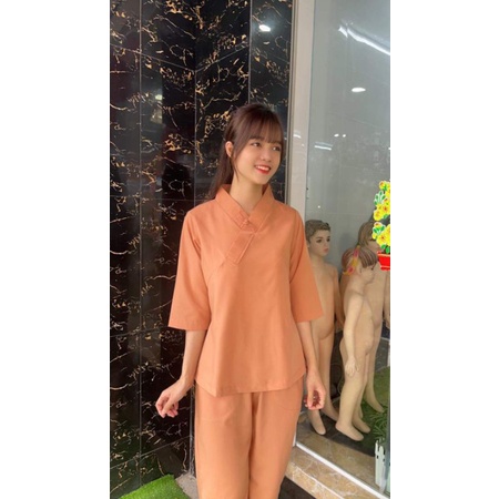 Bộ nữ đi chùa 1 nút kate không thêu.